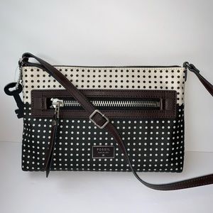 FOSSIL BLACK WHITE POLKA DOT DAWSON CROSSBODY BAG